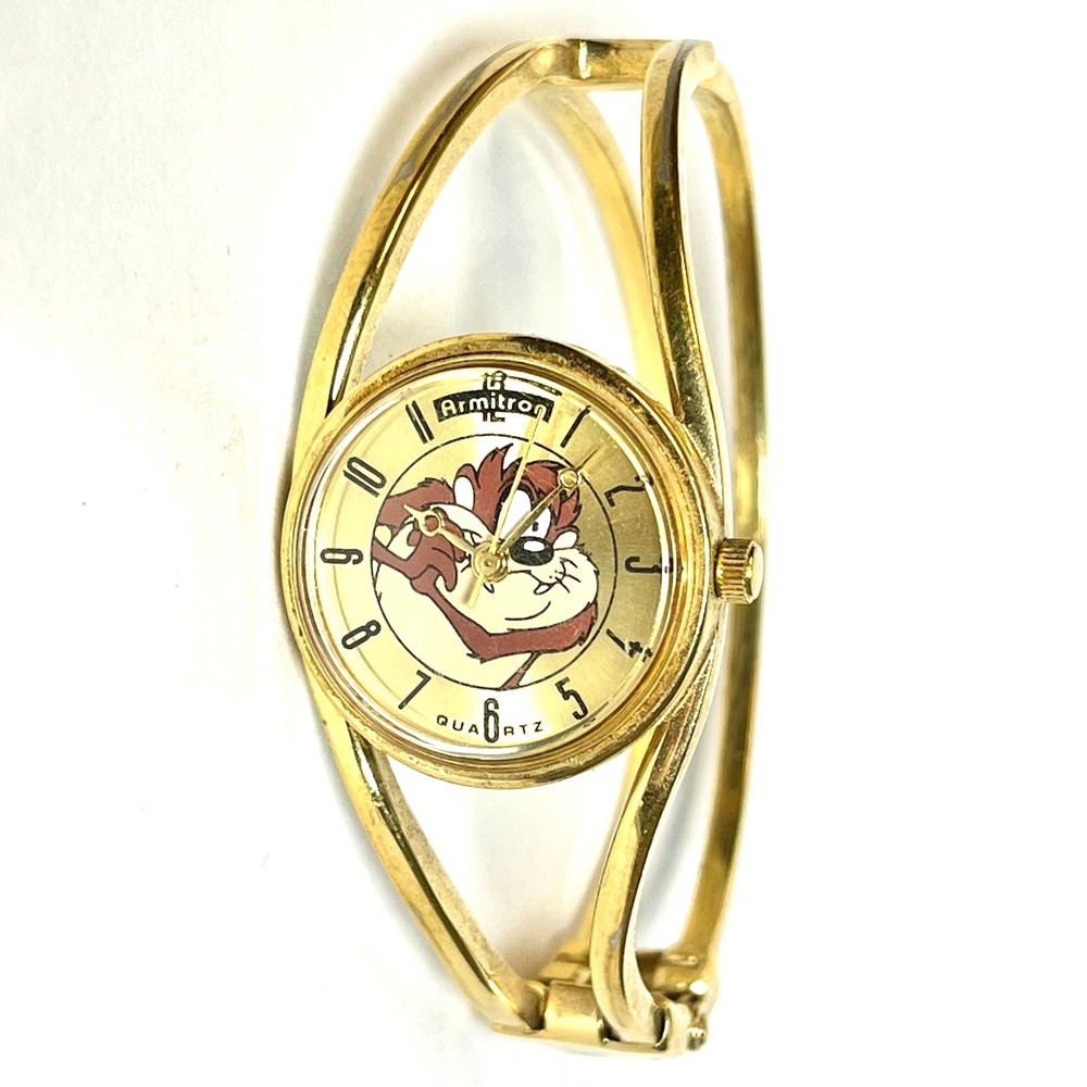 Armitron Looney Tunes Taz Watch Gold Tone Bangle Cuff 1995 Retro Bracelet Hinged